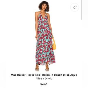 Alice & Olivia Mae Halter Tiered Midi Dress in Beach Bliss Aqua, size 2